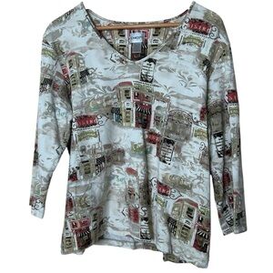 🩷Chicos women size 3 Xl slinky Europe cafe print trip 3/4 sleeves v neck brown